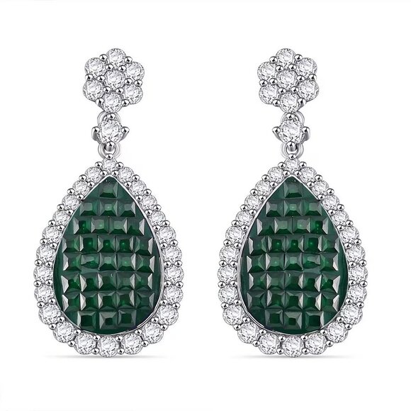 Simulated White and Green Diamond Drop Earrings in Rhodium Over Sterling Silver - Picture 1 of 4